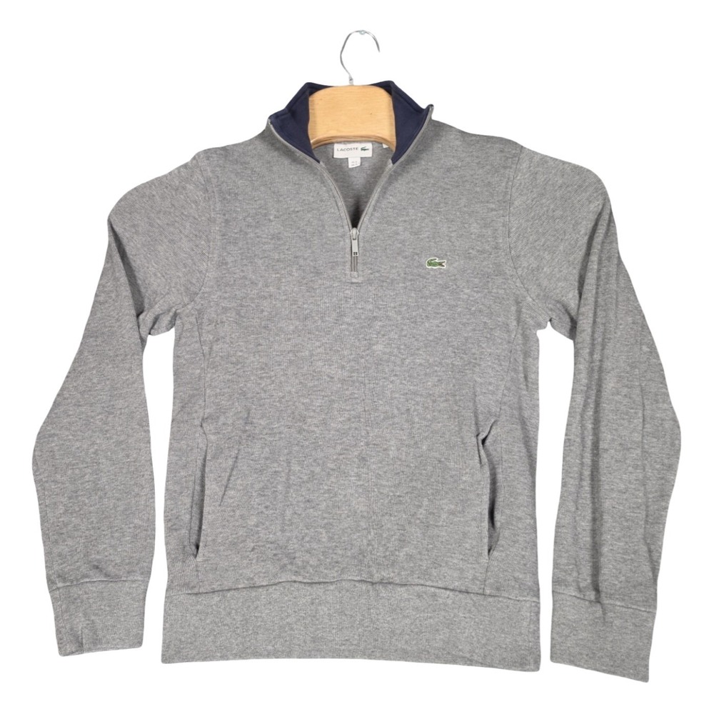 Lacoste Mens US S Small Gray Quarter Zip Pullover Sweater Cotton Preppy Logo Top